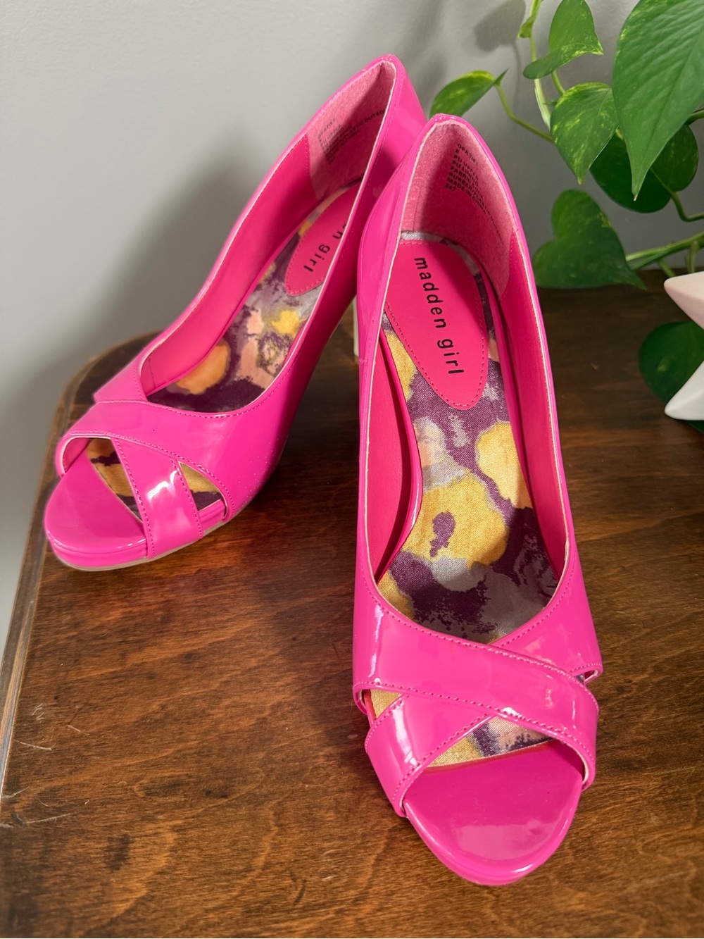 Madden Girl Hot Pink Patent Peep-Toe Heels. Size 8